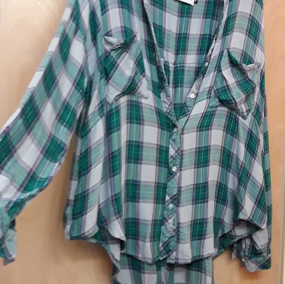 Green Plaid Boho Button Down Oversized Top